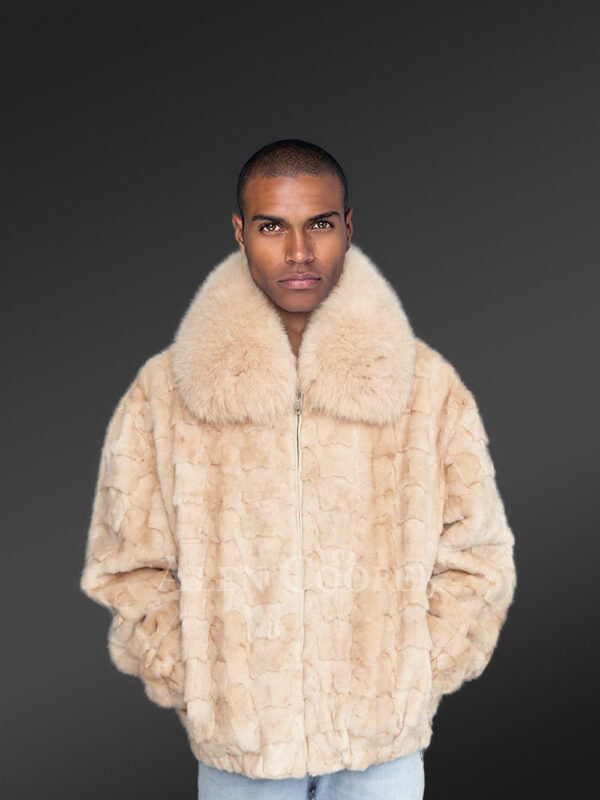 Mens Beige Mink Fur Bomber Jacket – Brace the Chills of Winter in Elegance