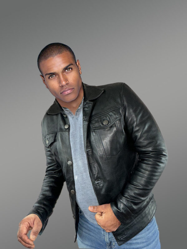 Men’s Button Down Italian Finish Leather Jacket in Black - Image 2
