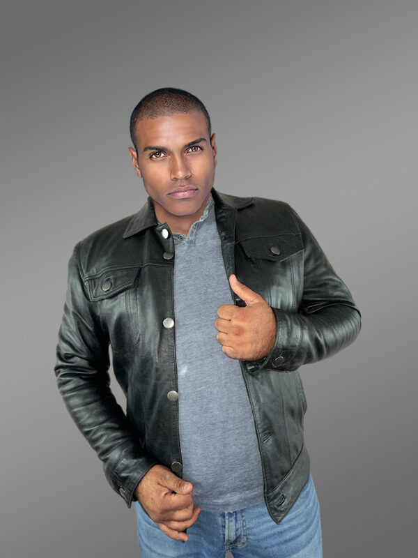 Men’s Button Down Italian Finish Leather Jacket in Black - Image 6