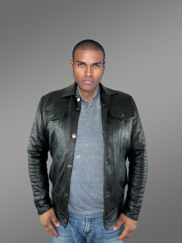 Men’s Button Down Italian Finish Leather Jacket in Black