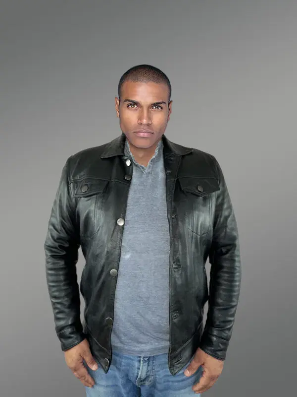 Men’s Button Down Italian Finish Leather Jacket in Black