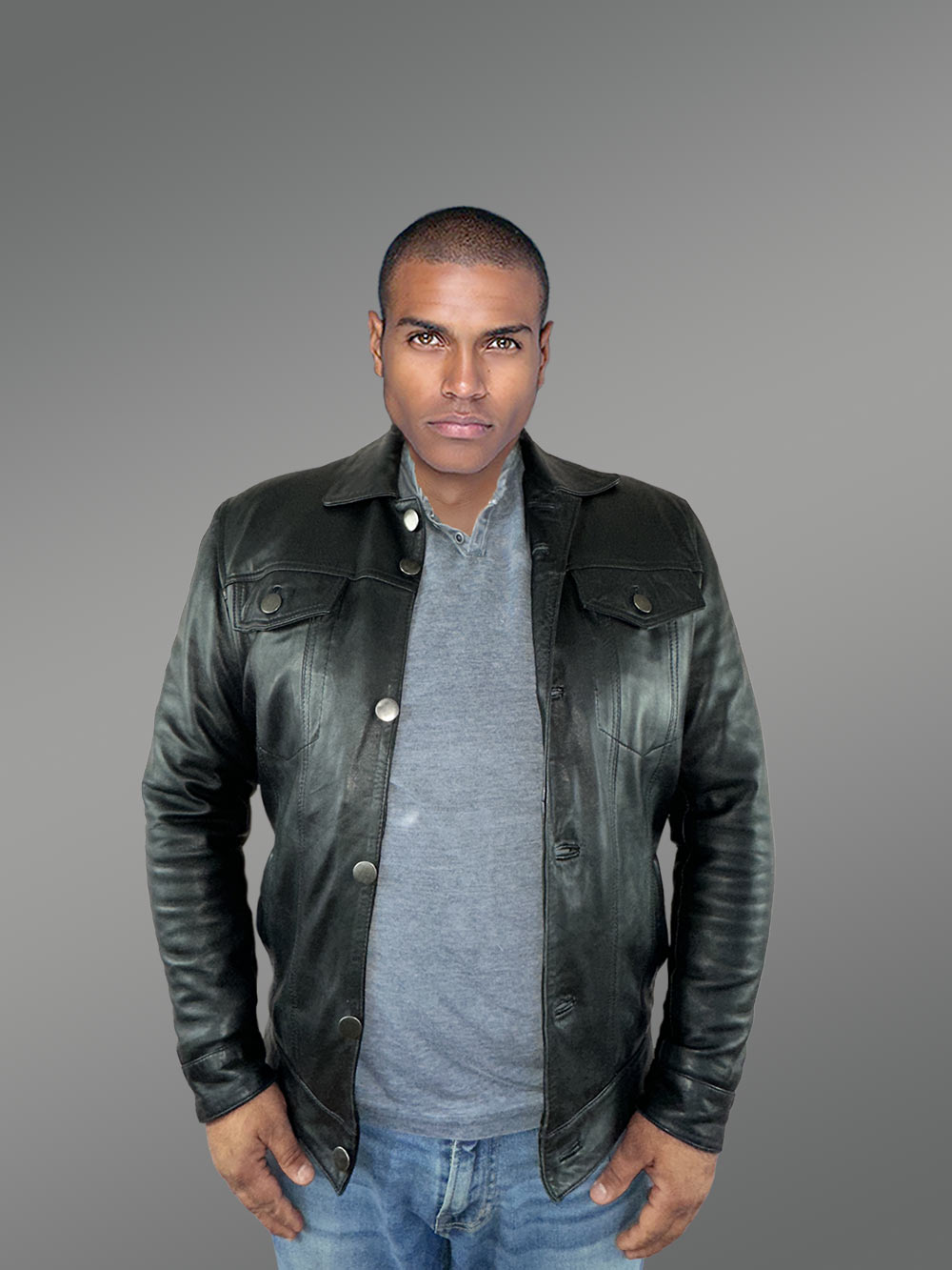 Men’s Button Down Italian Finish Leather Jacket in Black