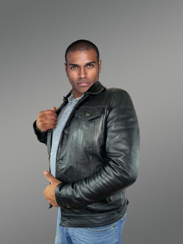 Men’s Button Down Italian Finish Leather Jacket in Black - Image 5