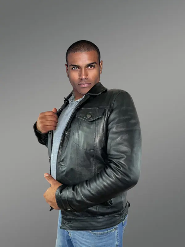 Men’s Button Down Italian Finish Leather Jacket in Black - Image 5