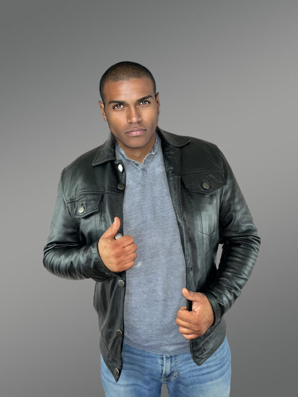 Men’s Button Down Italian Finish Leather Jacket in Black - Image 3