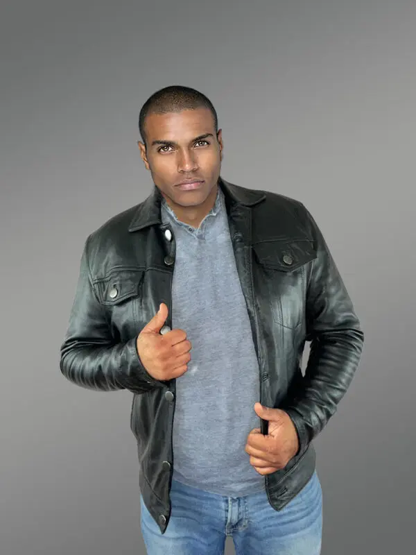 Men’s Button Down Italian Finish Leather Jacket in Black - Image 3