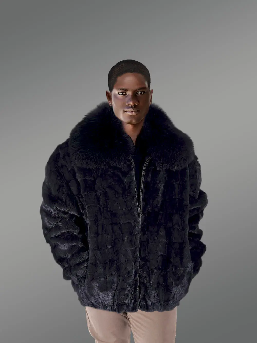 Mens Dark Grey Mink Bomber with Fox Fur Collar – Be a Trendsetter