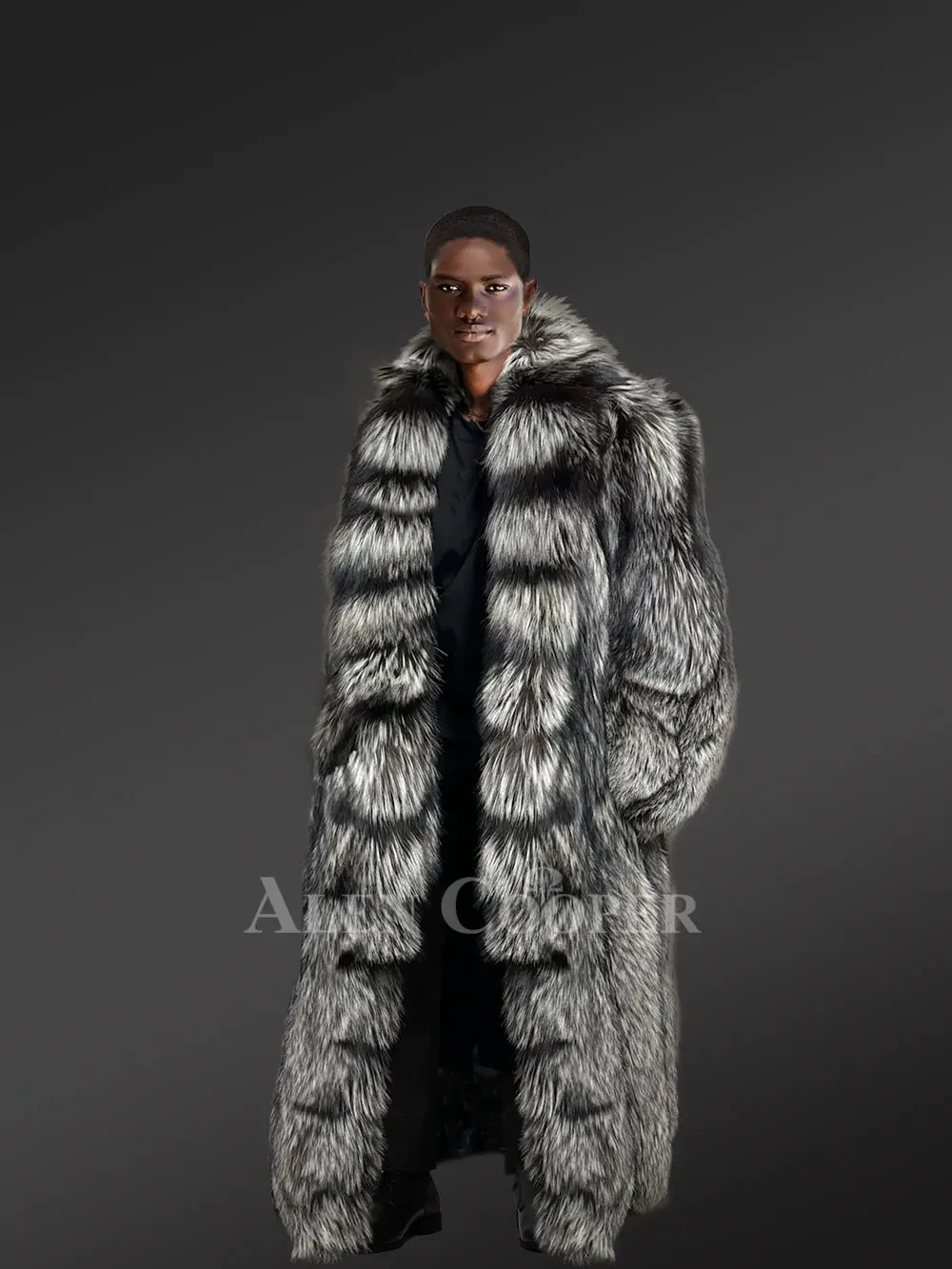 Mens Long Silver Fox Coat with Frontline for High Fashion Looks