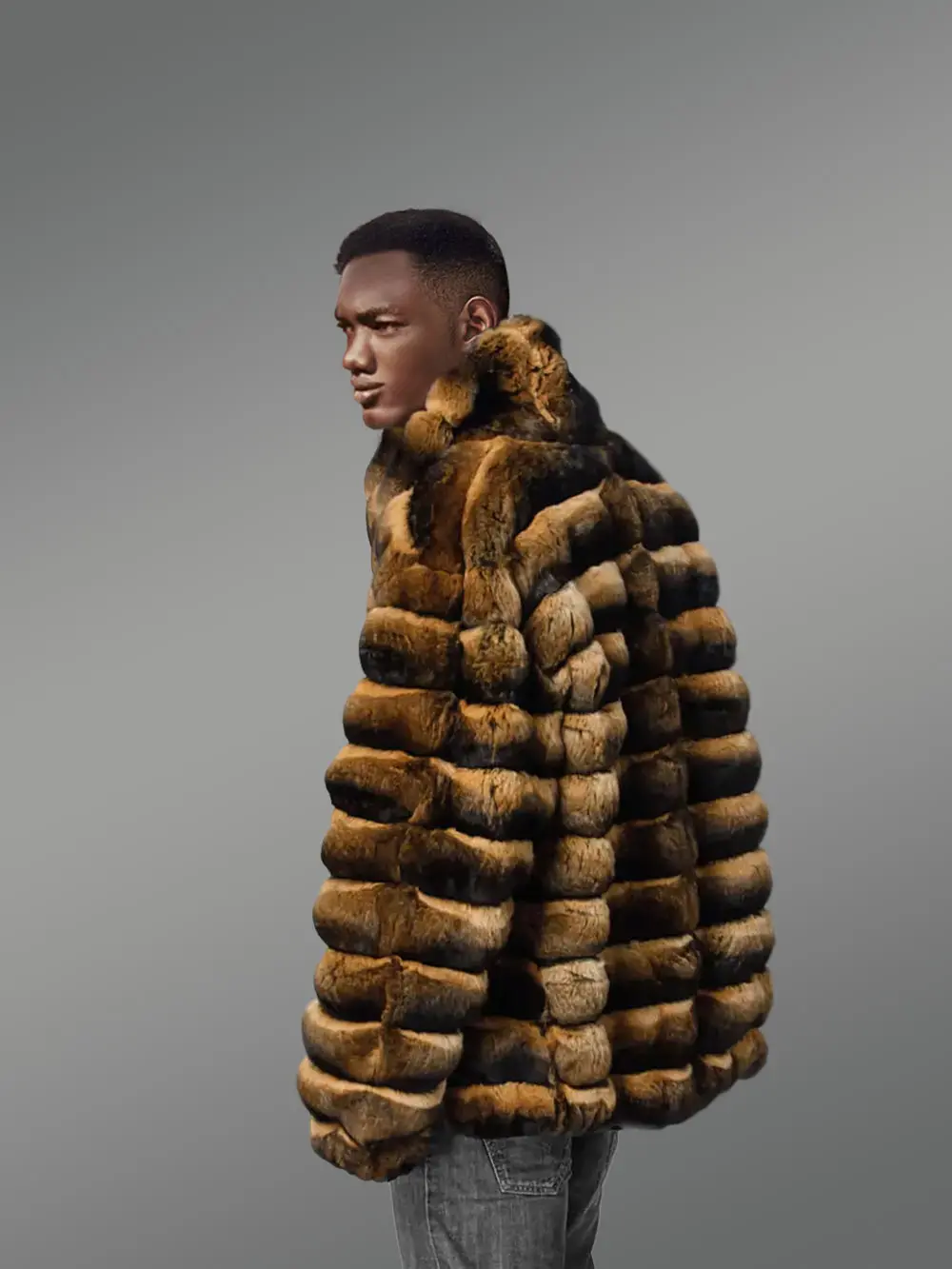 Mens Rex Rabbit Bomber Jacket with Turtleneck Collar - Image 2