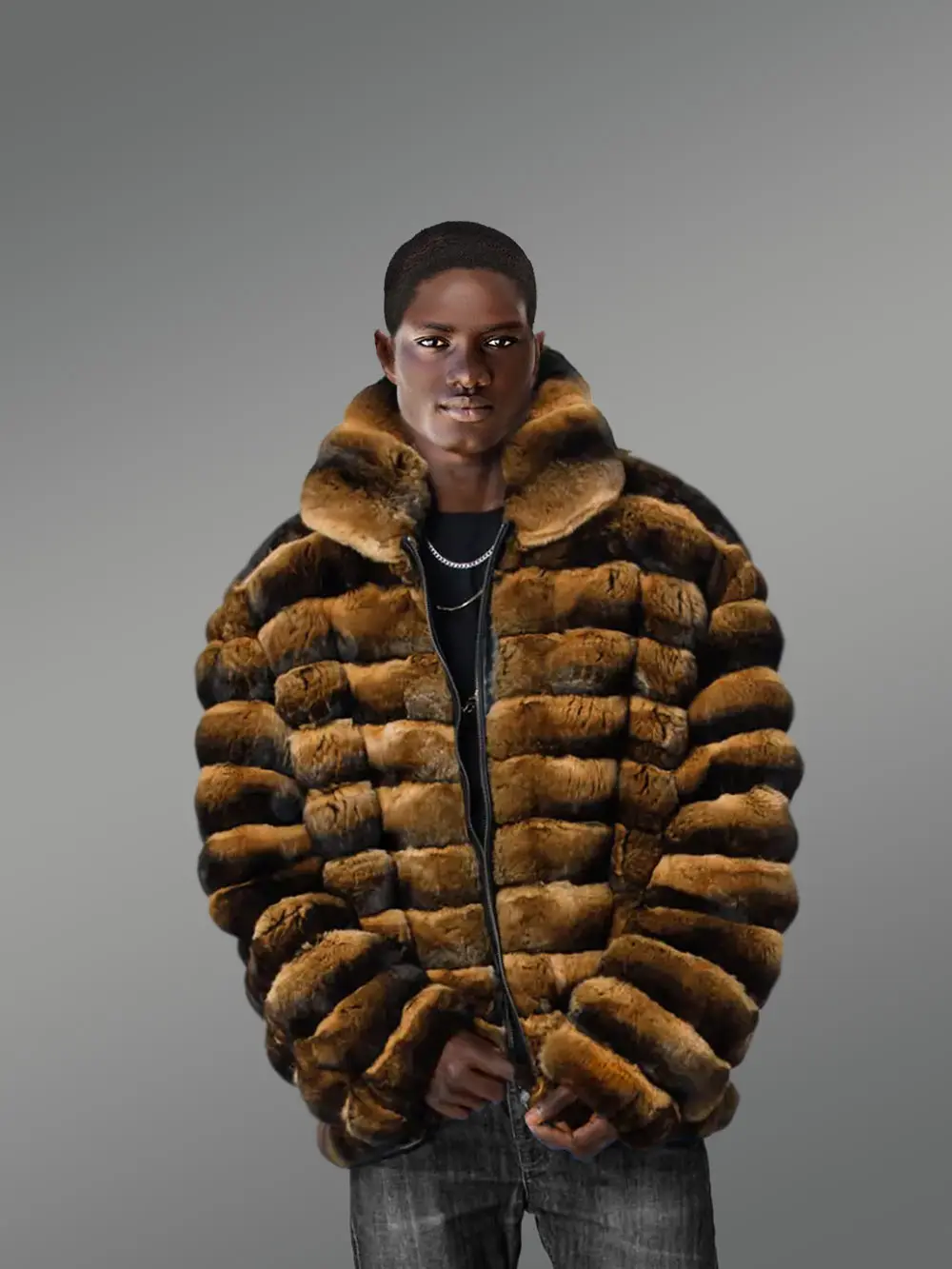 Mens Rex Rabbit Bomber Jacket with Turtleneck Collar