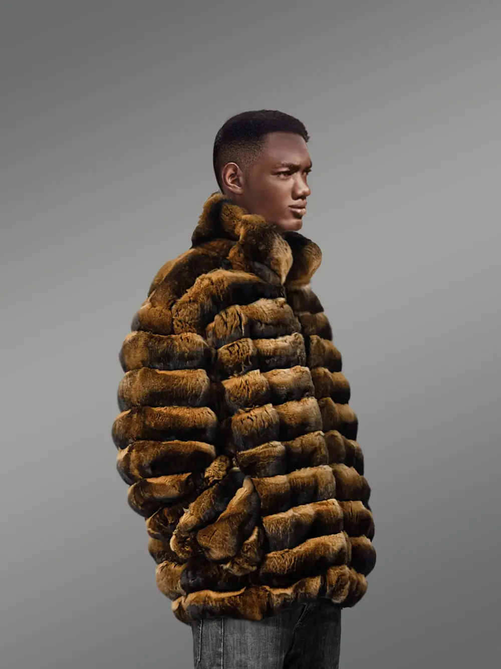 Mens Rex Rabbit Bomber Jacket with Turtleneck Collar - Image 3