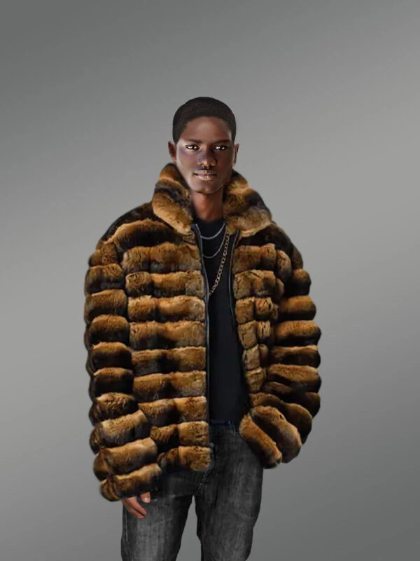 Mens Rex Rabbit Bomber Jacket with Turtleneck Collar - Image 5
