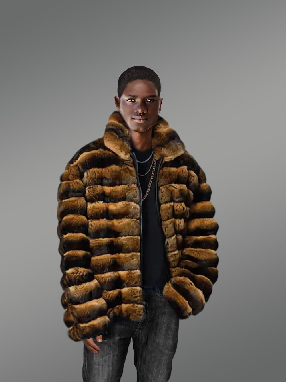 Mens Rex Rabbit Bomber Jacket with Turtleneck Collar - Image 5