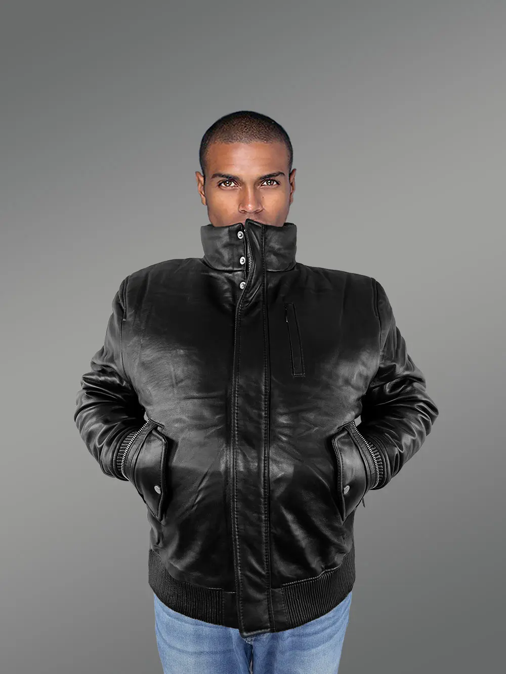 Mens Turtle Neck Leather Bomber Jacket - Image 6