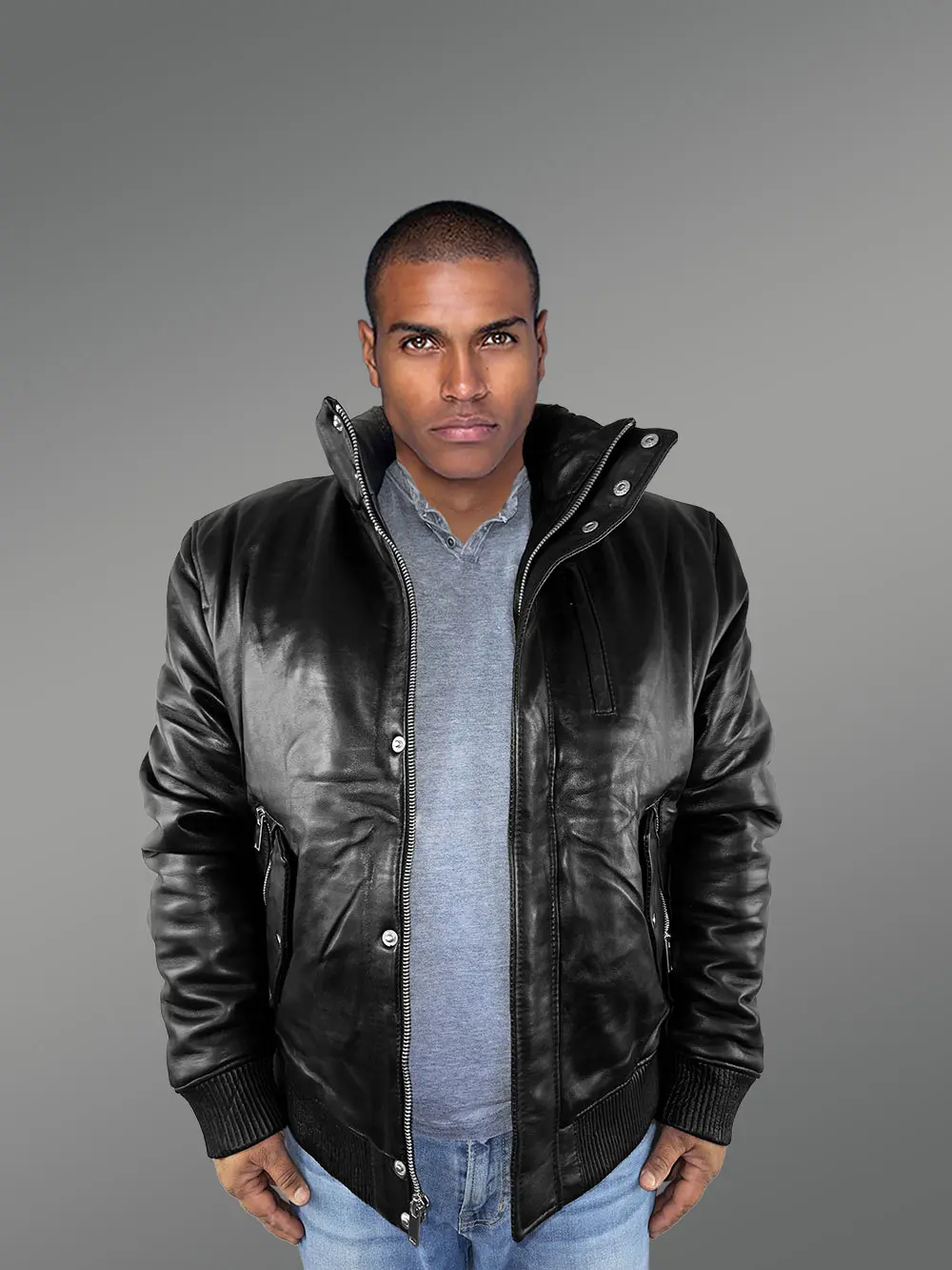 Mens Turtle Neck Leather Bomber Jacket - Image 5