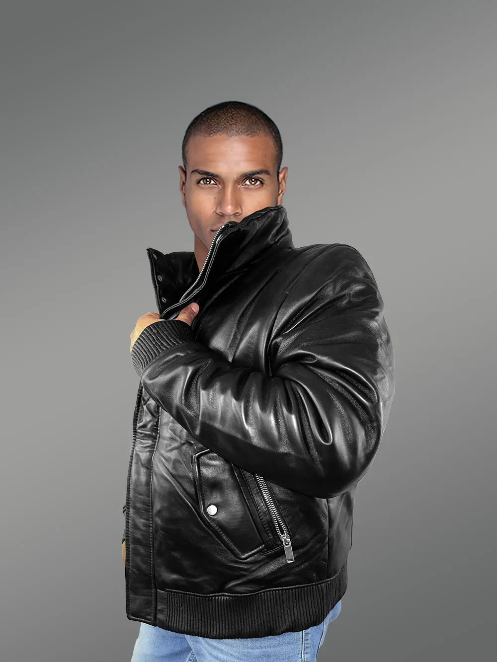 Mens Turtle Neck Leather Bomber Jacket - Image 4