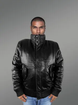 Mens Turtle Neck Leather Bomber Jacket