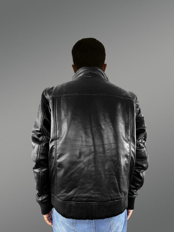 Mens Turtle Neck Leather Bomber Jacket - Image 3