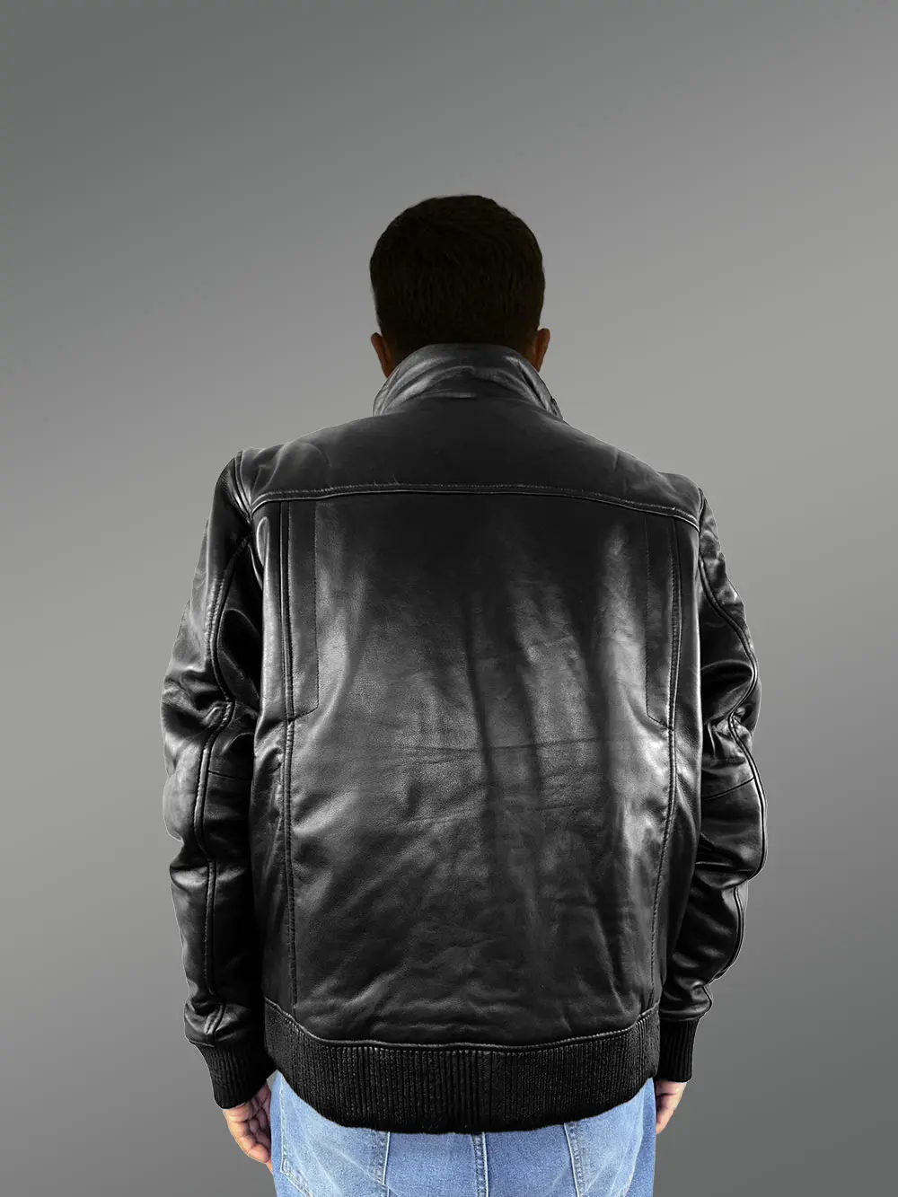 Mens Turtle Neck Leather Bomber Jacket - Image 3