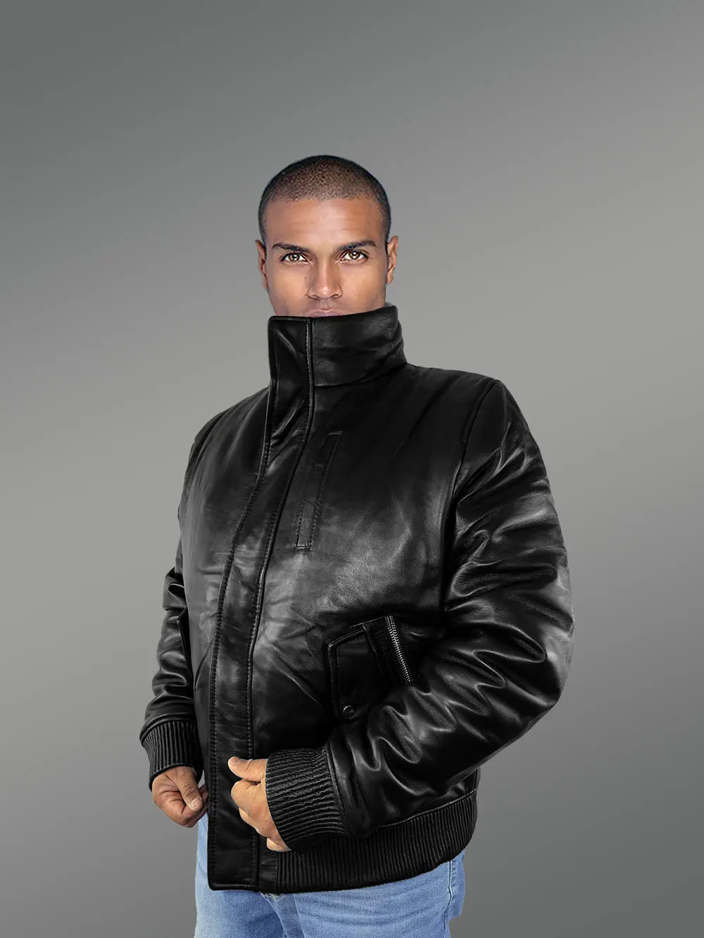 Mens Turtle Neck Leather Bomber Jacket - Image 2