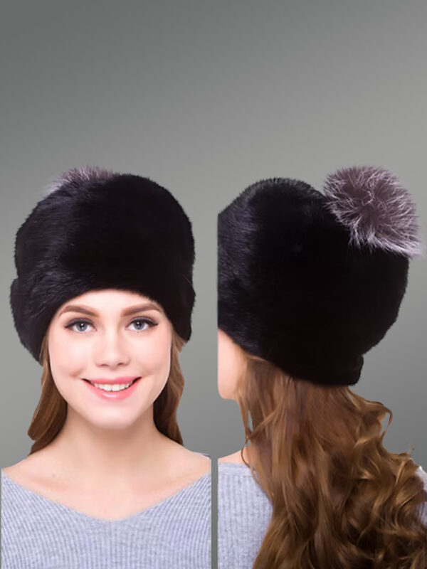 Mink Beanie Hat with Silver Fox Pompom – Fashionable & Comforting Add-On