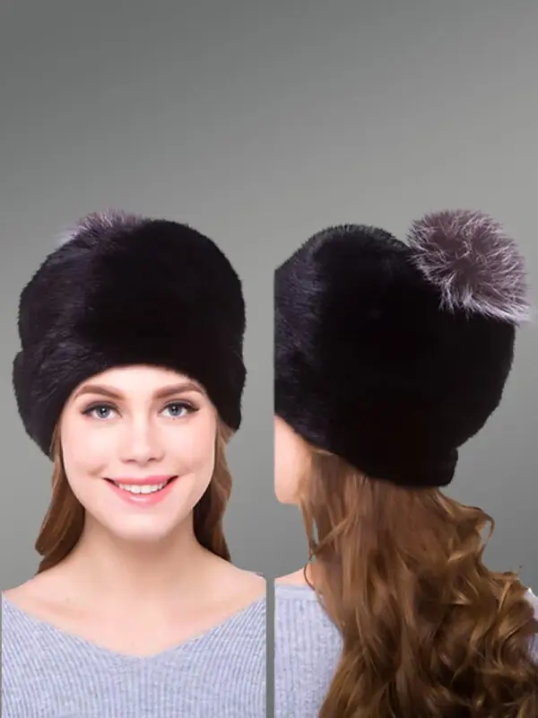 Mink Beanie Hat with Silver Fox Pompom – Fashionable & Comforting Add-On