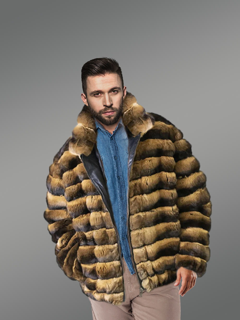 Rex Rabbit Fur Bomber in Whiskey Shade for Men