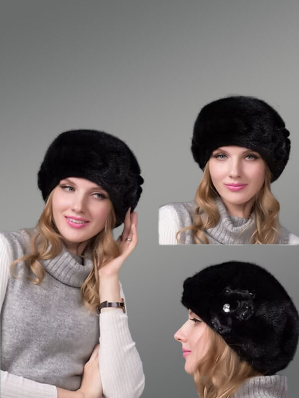 Womens Black Mink Beret with Floral Accent on One Side