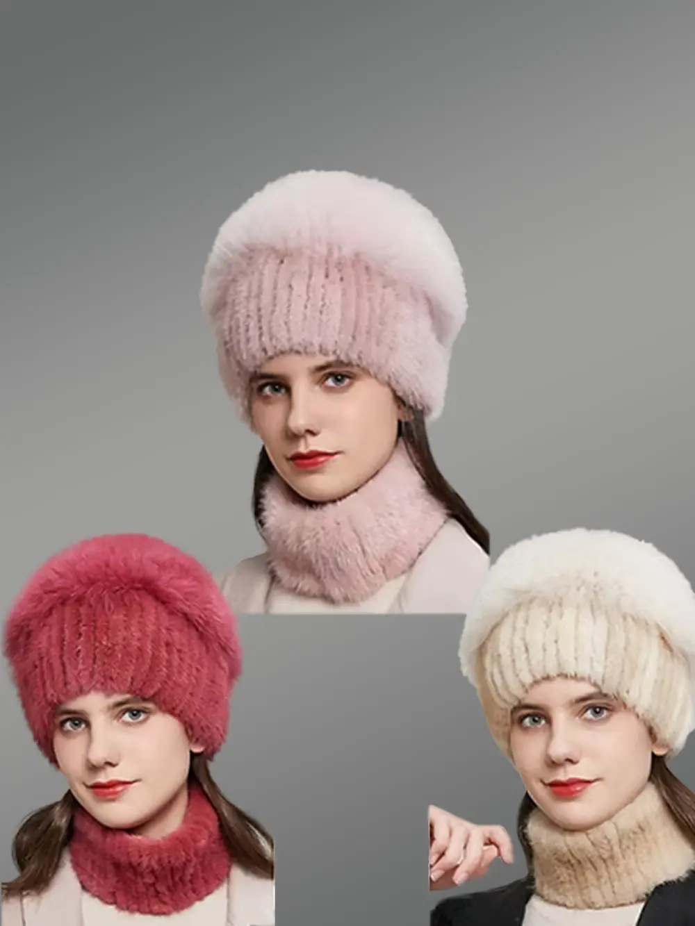 Womens Knit Mink Fur Beaniewith a Fluffy Fox Fur Pompom