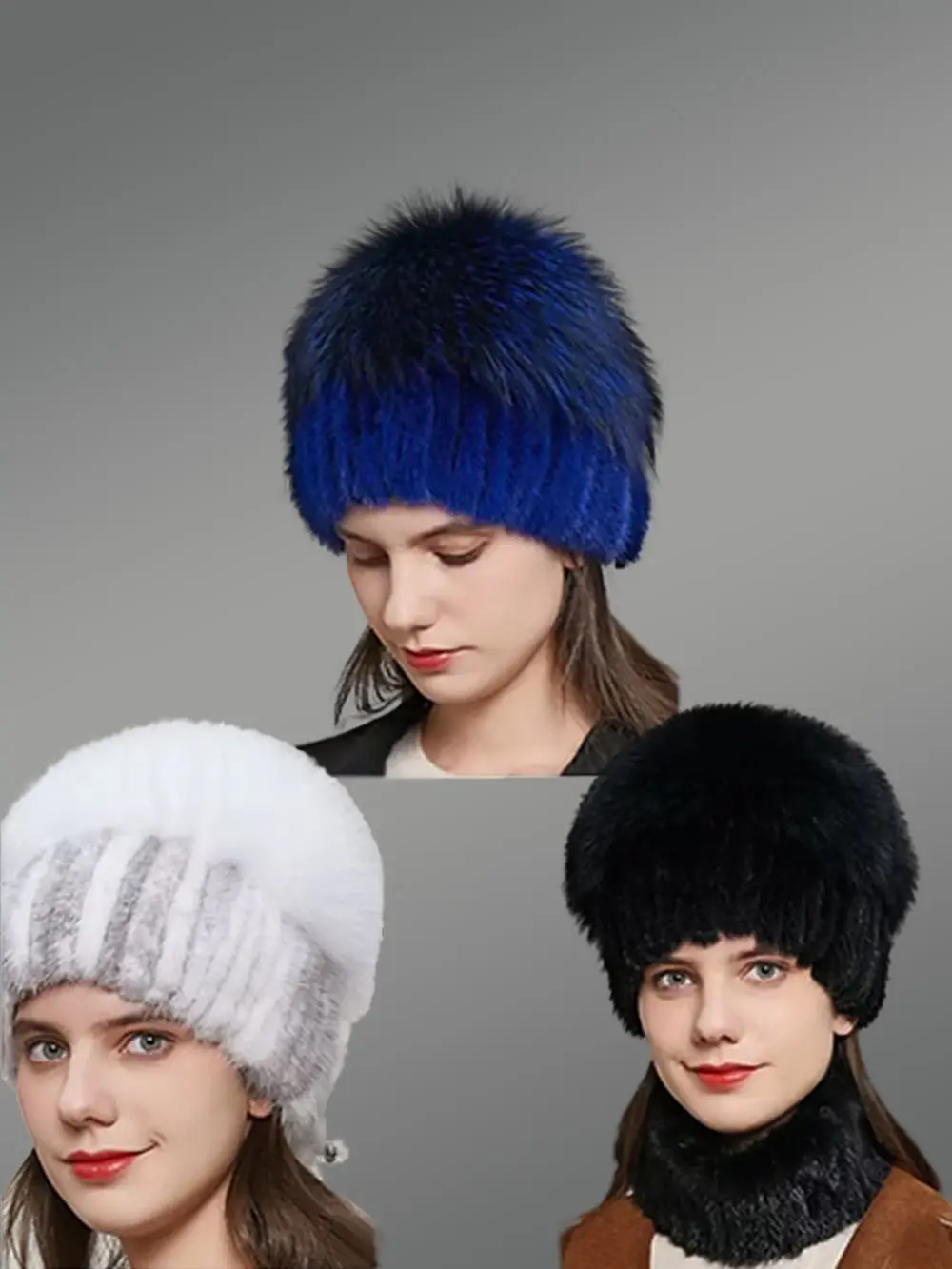 Womens Knit Mink Fur Beaniewith a Fluffy Fox Fur Pompom - Image 2