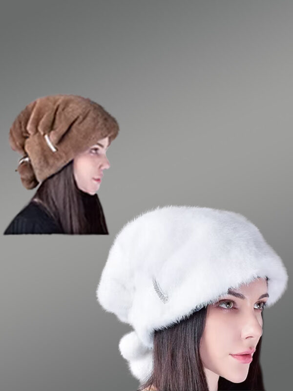 Womens Mink Hat with Pompom Adorned with Stylish Pin Detail - Image 2