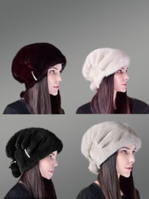 Womens Mink Hat with Pompom Adorned with Stylish Pin Detail