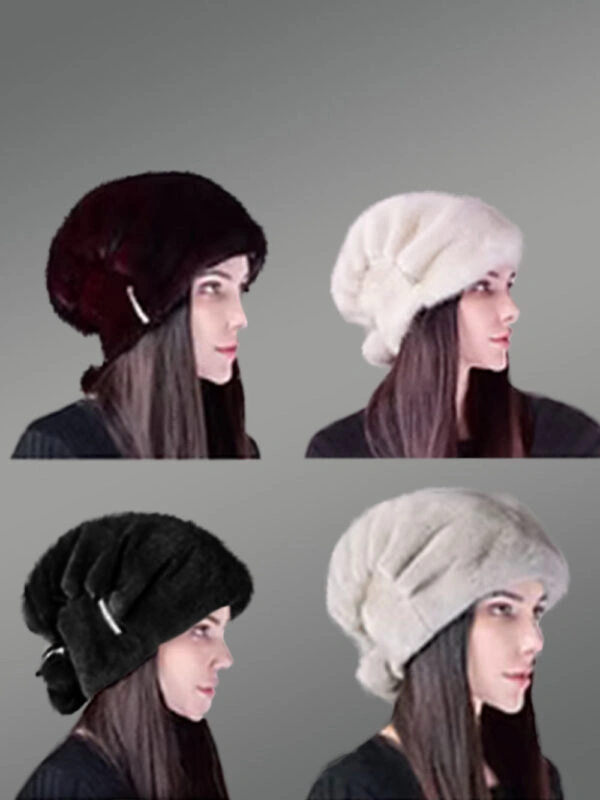 Womens Mink Hat with Pompom Adorned with Stylish Pin Detail