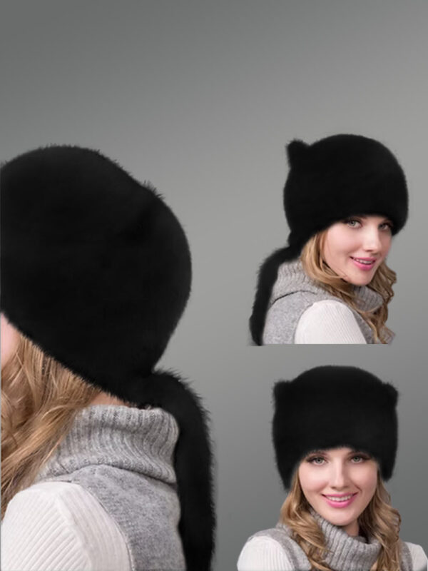 Mink Beanie Hat with Tail and Cat Ear Design for Women - Image 2