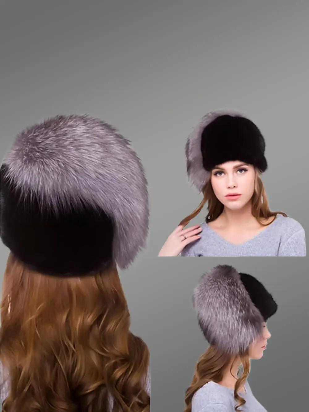 Mink Beret Hat with Silver Fox Tail in a Black Glamorous Avatar