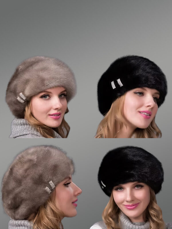 Womens Mink Fur Beret Hat with Luxe Crystal Embellishment