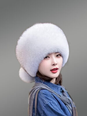 Russian Style Fox Fur Beret Hat with Back Pom Poms