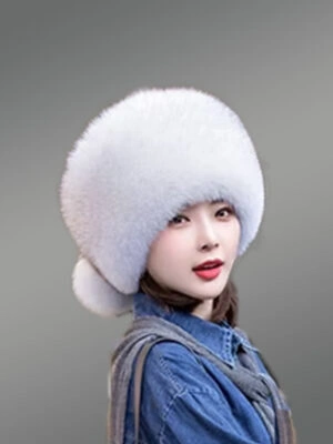 Russian Style Fox Fur Beret Hat with Back Pom Poms