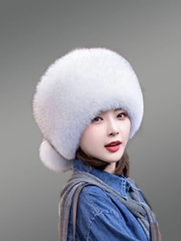 Russian Style Fox Fur Beret Hat with Back Pom Poms