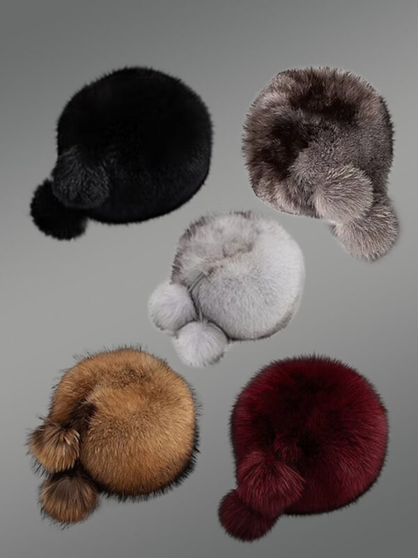 Russian Style Fox Fur Beret Hat with Back Pom Poms - Image 2