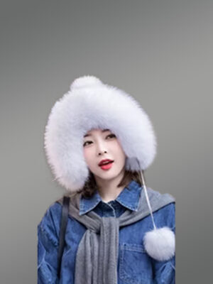 Women’s Beanie Hat with Fox Fur Trims and Pom Pom