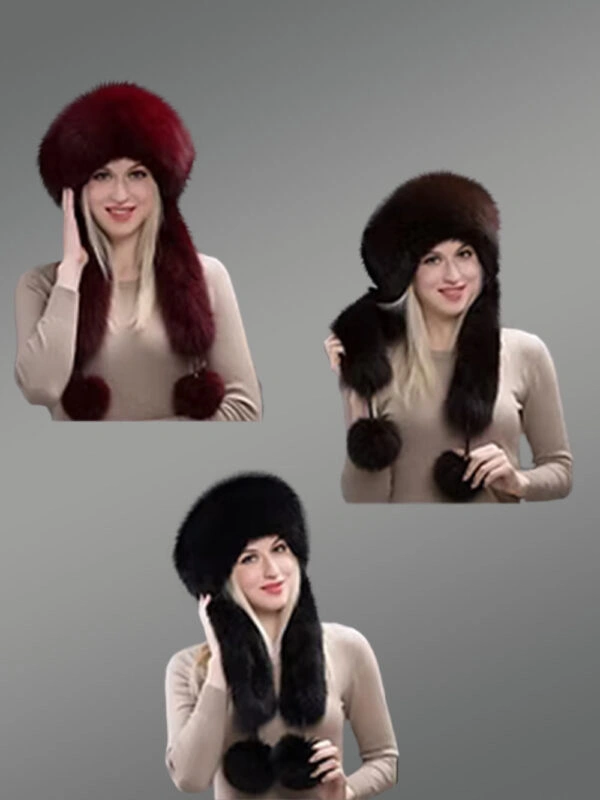 Womens Fox Fur Hat with Pompom Tails–Trendy & Elegant with Cozy Feel - Image 2
