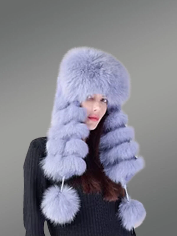 Women’s Full Fox Fur Hat with Pom Pom Sidetails - Image 2
