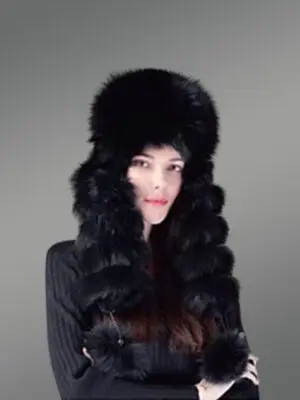 Women’s Full Fox Fur Hat with Pom Pom Sidetails