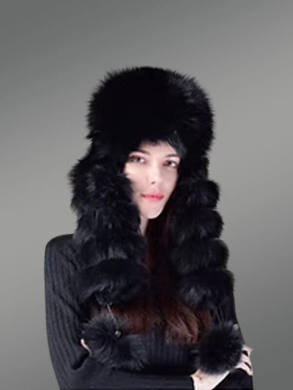Women’s Full Fox Fur Hat with Pom Pom Sidetails