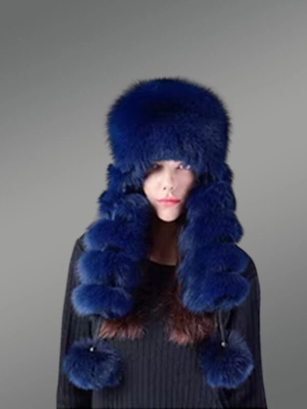 Women’s Full Fox Fur Hat with Pom Pom Sidetails - Image 4