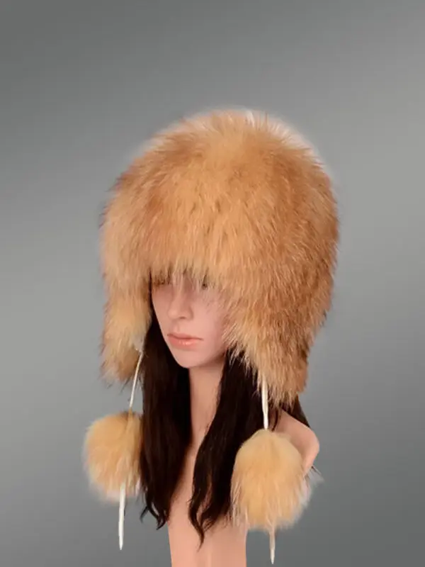 Womens Golden Fox Fur Trapper Hat Winter Warmth Cloaked in Opulence