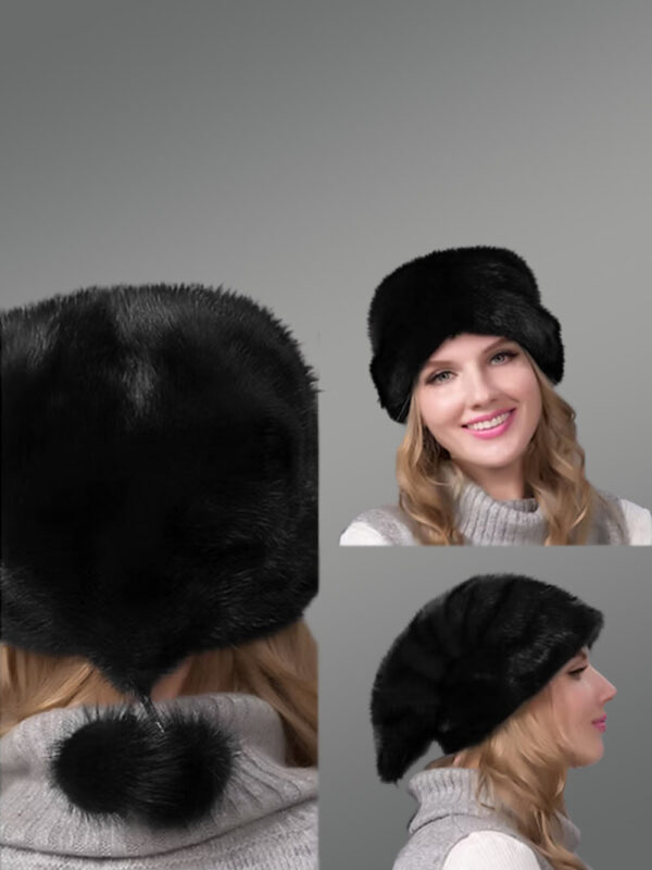 Womens Mink Fur Beret with Pompoms–Elegant & Playful with Soft Touch