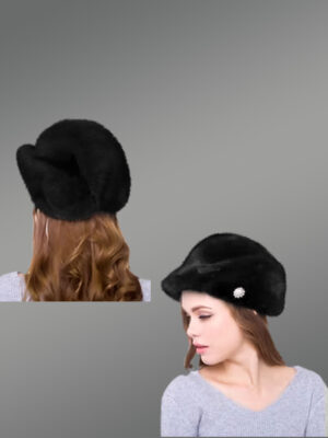 Womens Mink Fur Riding Hat with a Side Accent ofLovely Broach