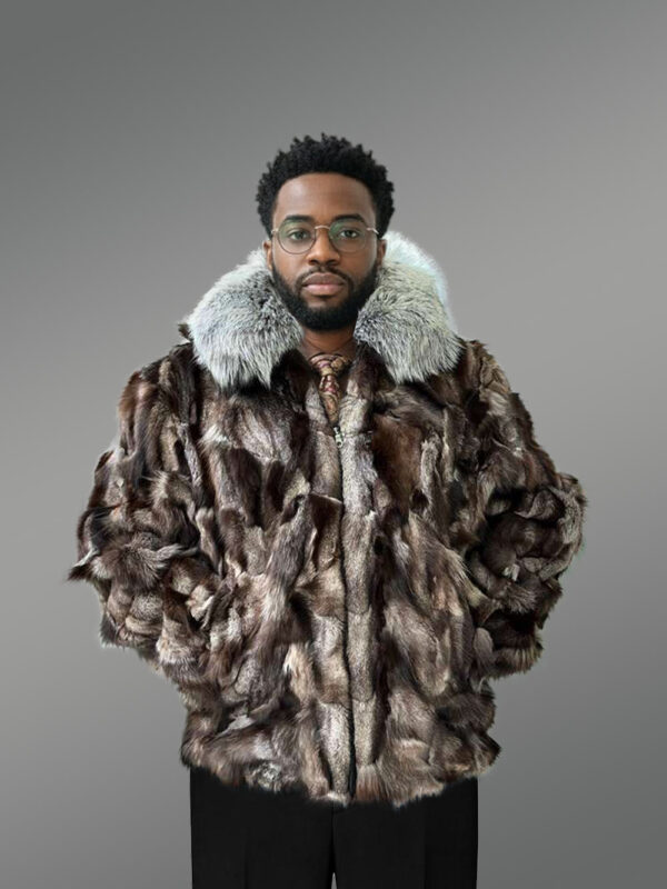 Men’s Stylish Blue Silver Fox Bomber Jacket - Image 3